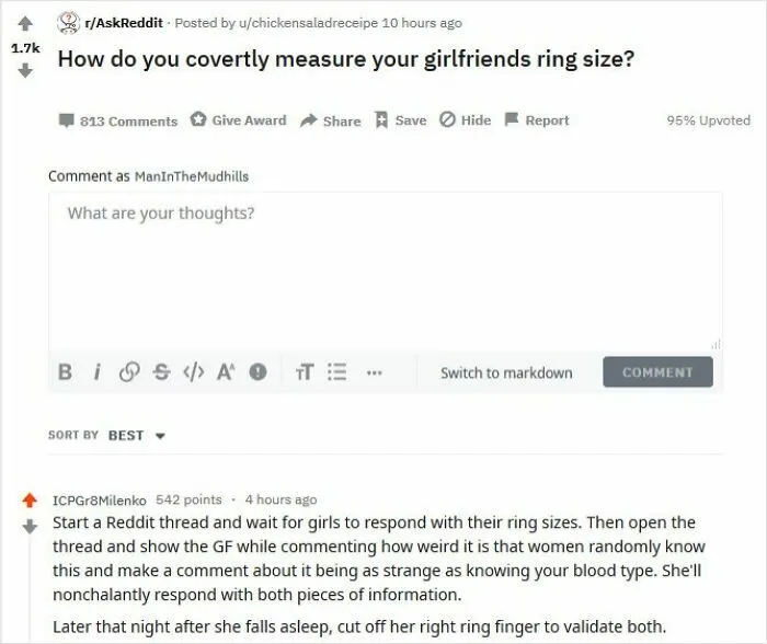 Reddit thread asking how to covertly measure girlfriends ring size with unexpected dark second half.