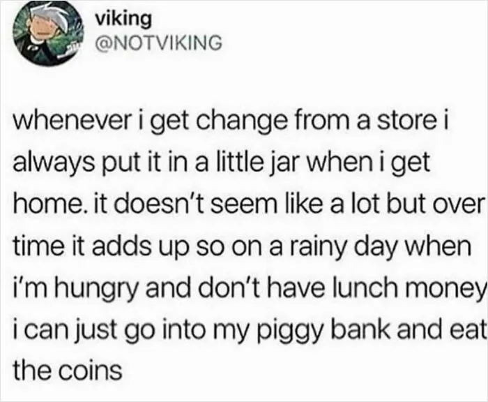 Screenshot of a seemingly innocent social media post that hits with a crazy second half about saving change in a jar.