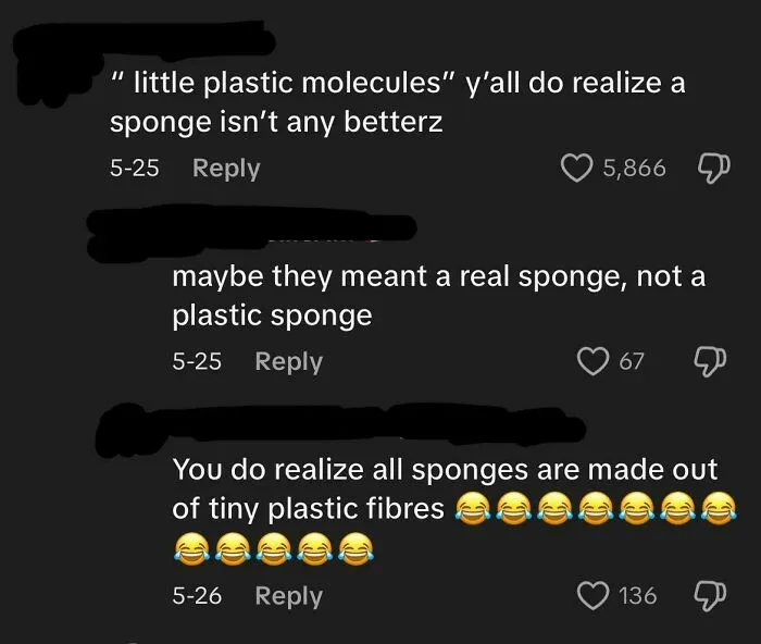 Social media comments discussing misconceptions about sponges made of plastic fibers, highlighting people being 100% sure and wrong.