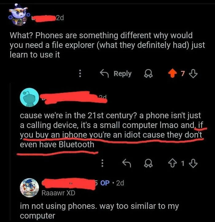 Online comments showing people 100% sure and 100% wrong about smartphones and technology in a humorous discussion thread.