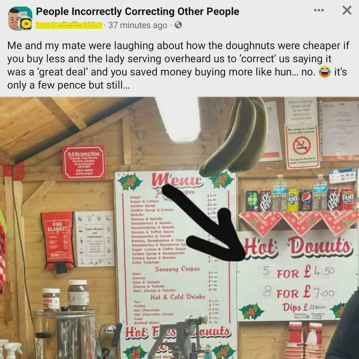 Woman humorously correcting a doughnut price, showing a moment of being 100% sure and 100% wrong at the same time.