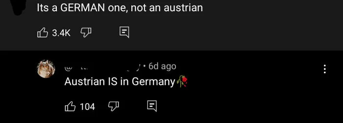 Screenshot of a social media comment thread where users are 100% sure but 100% wrong about Germany and Austria.