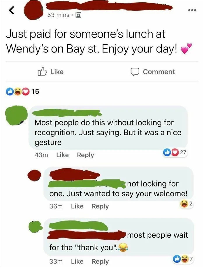 Woman Got Called Out In A Facebook Group For Humblebragging About Paying For Someone’s Burger And Fries
