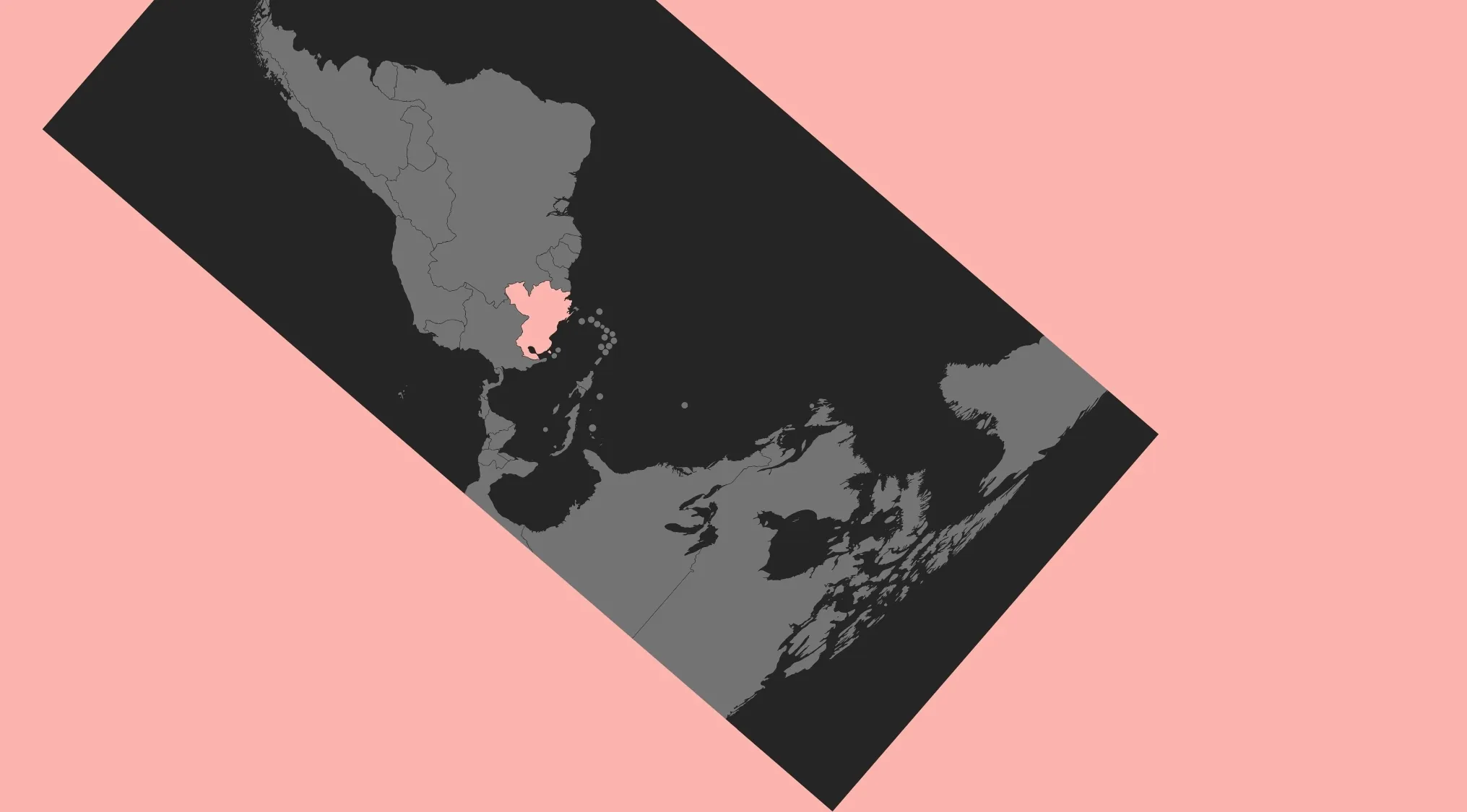 Map puzzle highlighting a country in South America for Guess The Country From The Crazy Map challenge.