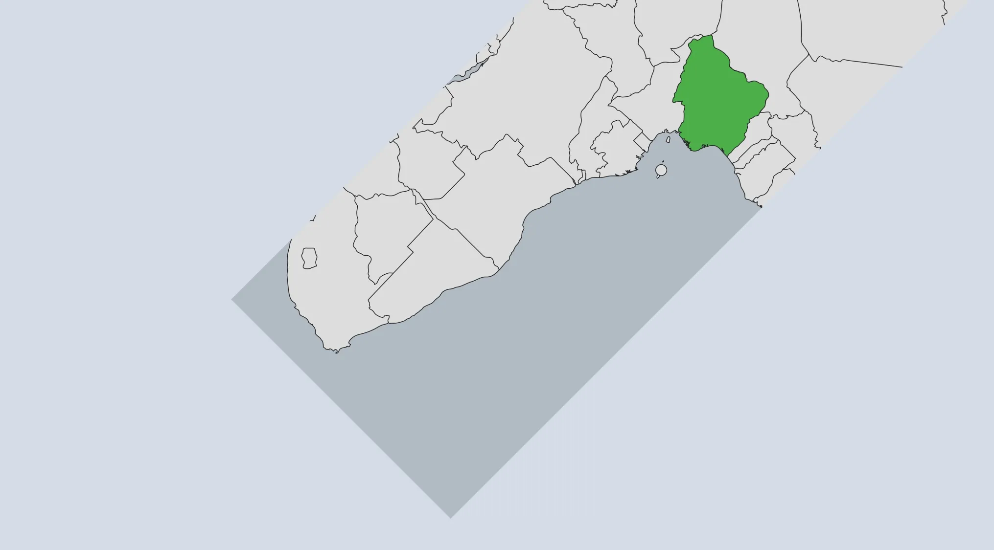 Rotated map highlighting a green country in southern Africa as part of guess the country from the crazy map quiz.