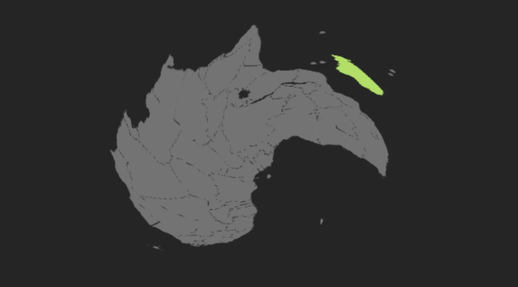 Map highlighting a country in bright green in a guessing game focused on identifying countries from a crazy map.