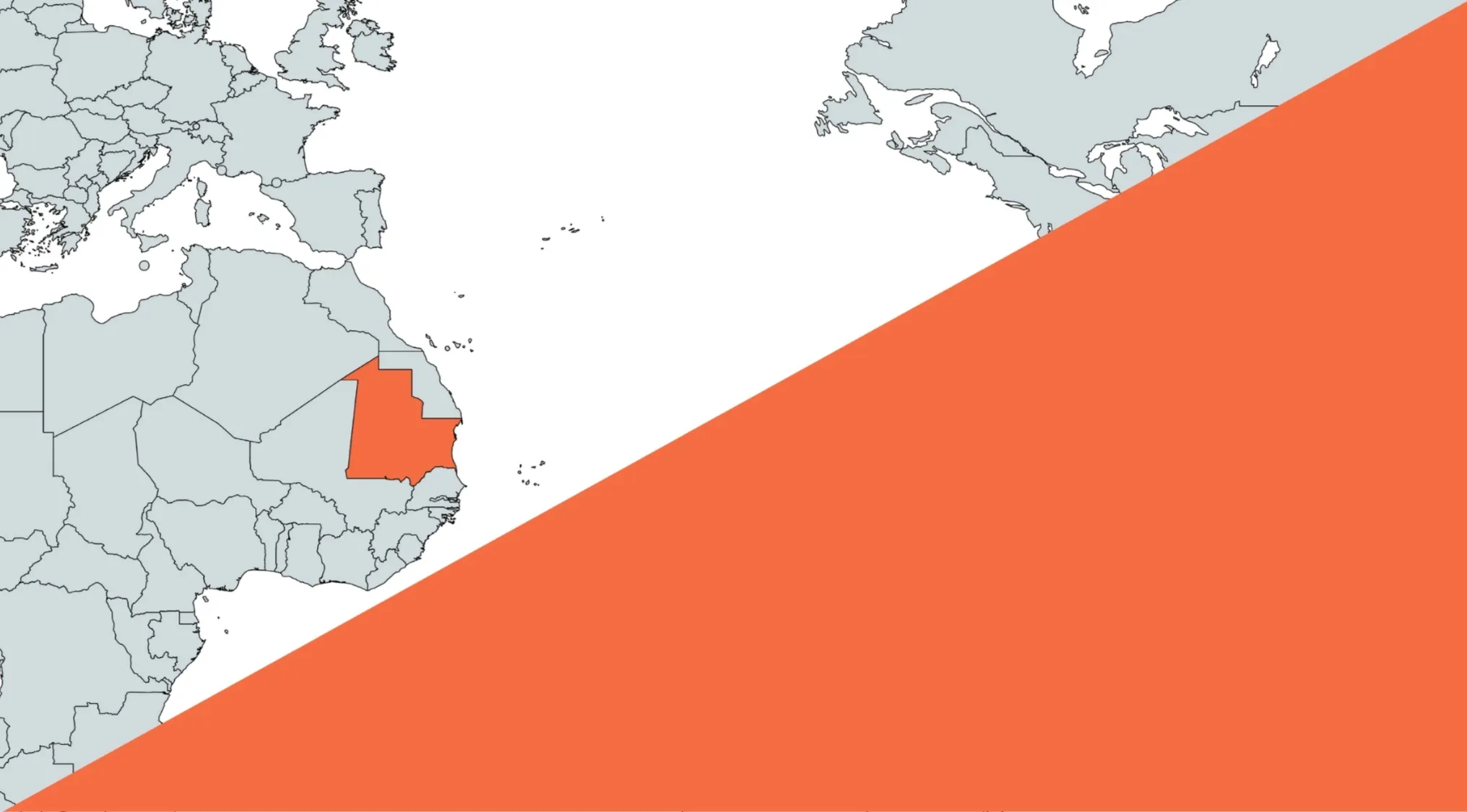 Map highlighting an African country in orange on a simplified world map for guessing the country quiz.