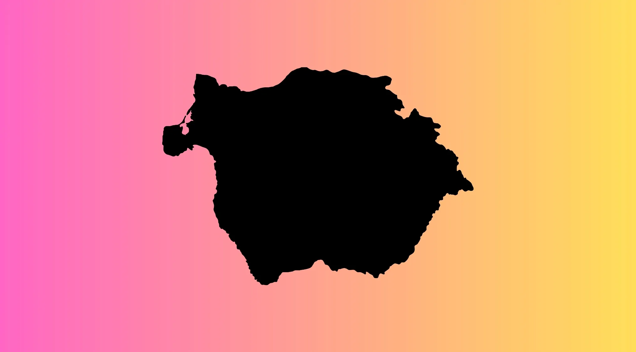 Upside-down black country outline on a pink and yellow gradient background for guess the country map game.