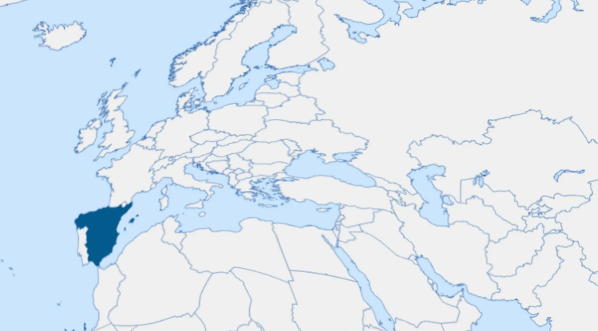 Map of Europe and surrounding regions with the country highlighted in blue for Guess The Country from the Crazy Map quiz.