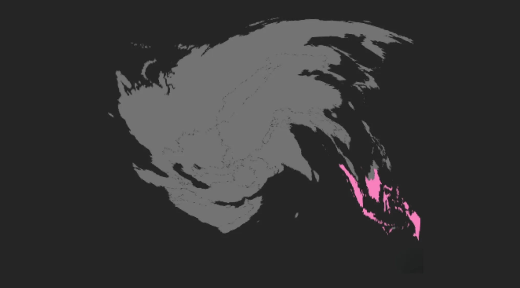 Twisted map highlighting a country in pink, challenging viewers to guess the country from the crazy map puzzle.