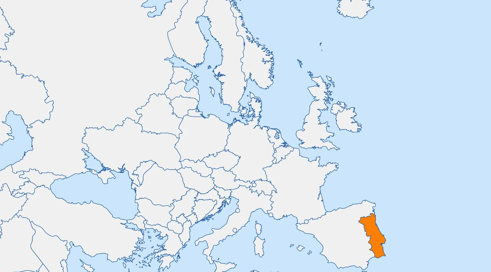 Map of Europe highlighting one European country in orange for the guess the country from the crazy map quiz.