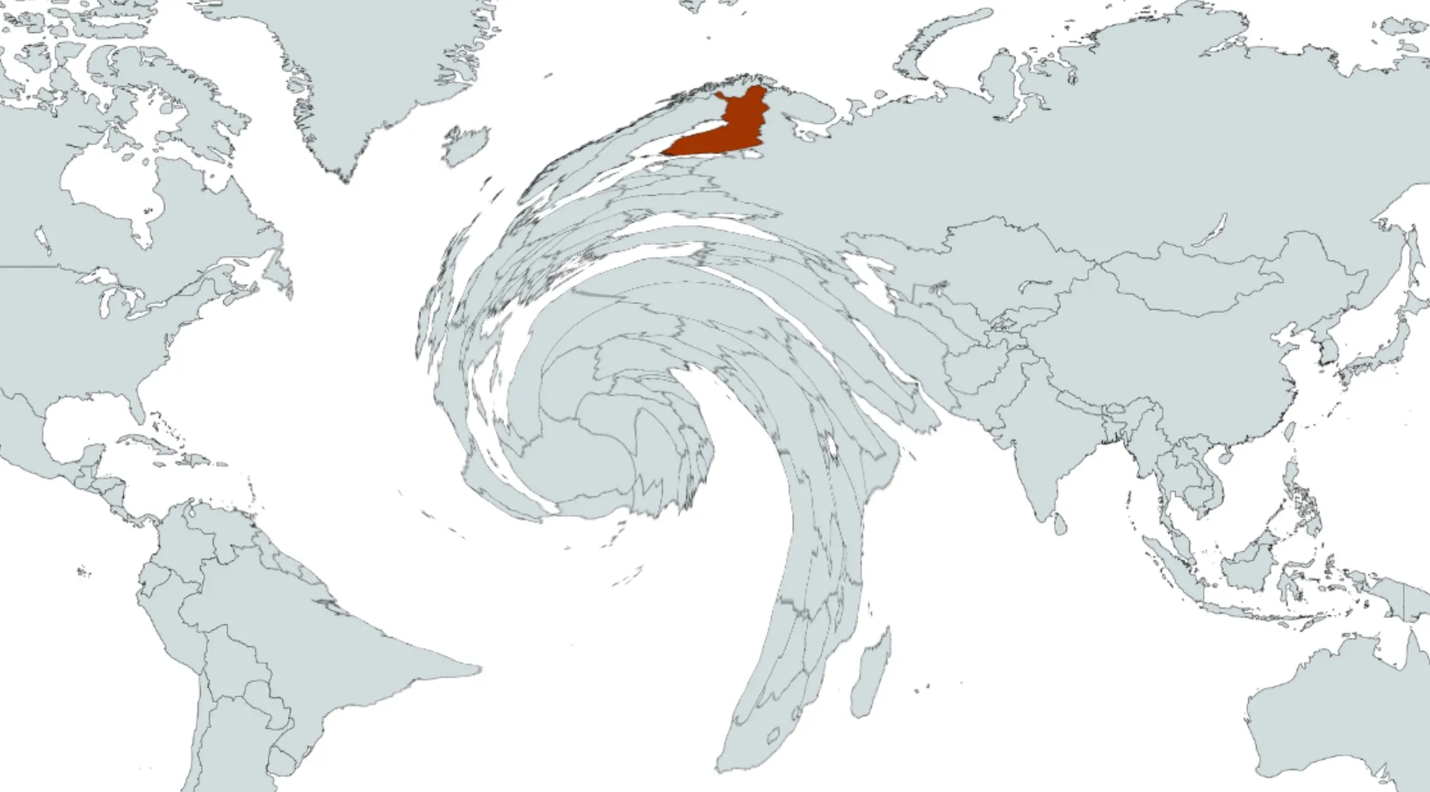 Twisted world map highlighting Finland in brown to help identify the country from this distorted shape.