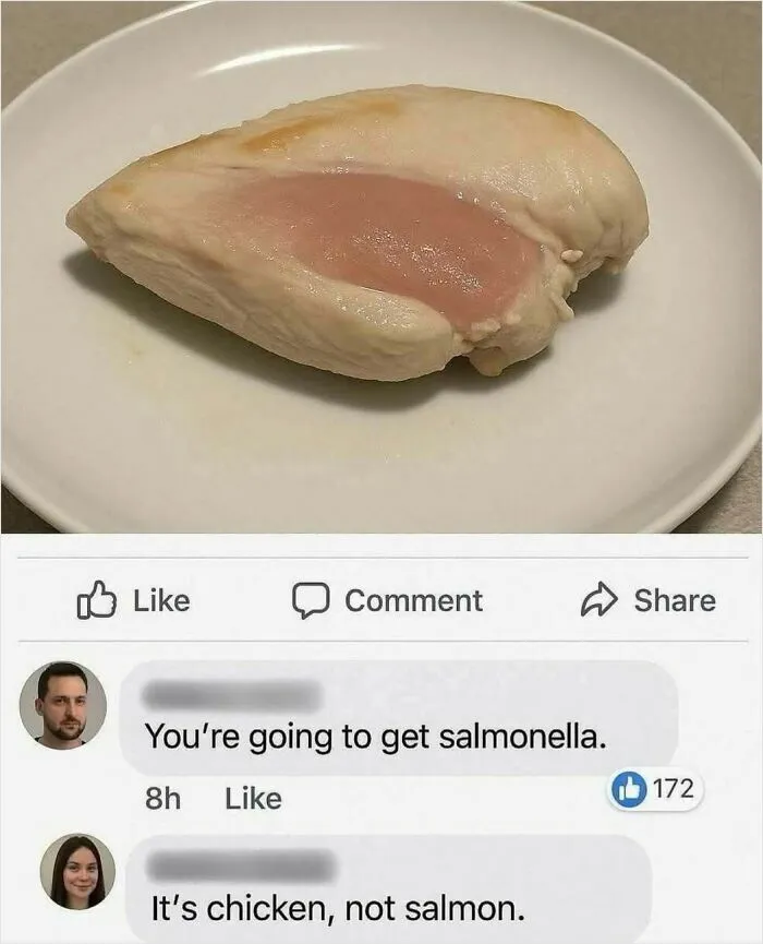 Partially cooked chicken breast on a plate with social media comments warning about salmonella risk food memes.