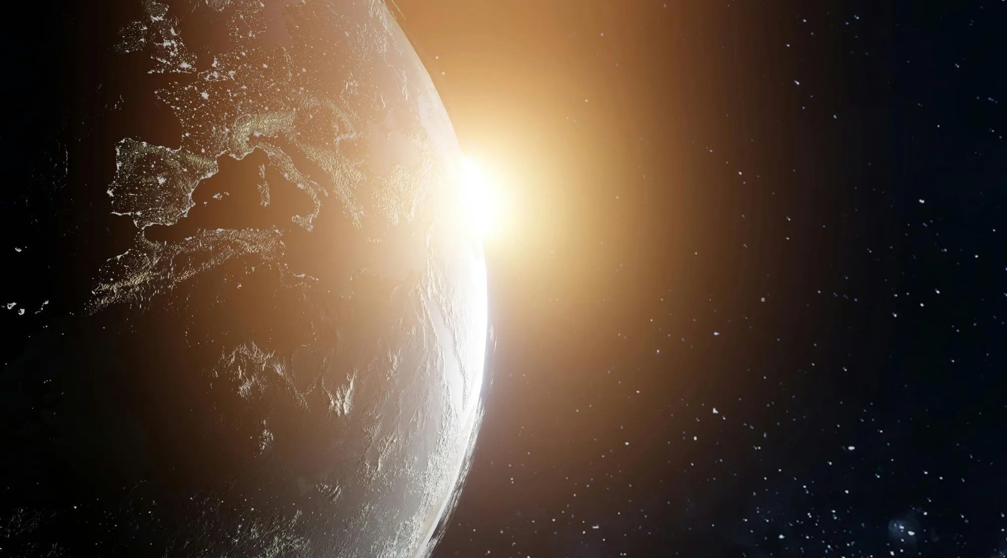 Sunrise illuminating Earth from space, highlighting continents and space stars showing two truths and a lie concept.