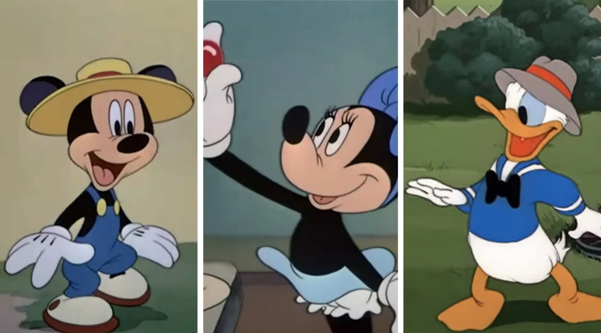 Vintage cartoon characters Mickey, Minnie, and Donald depicted in classic animation style for two truths and a lie quiz.