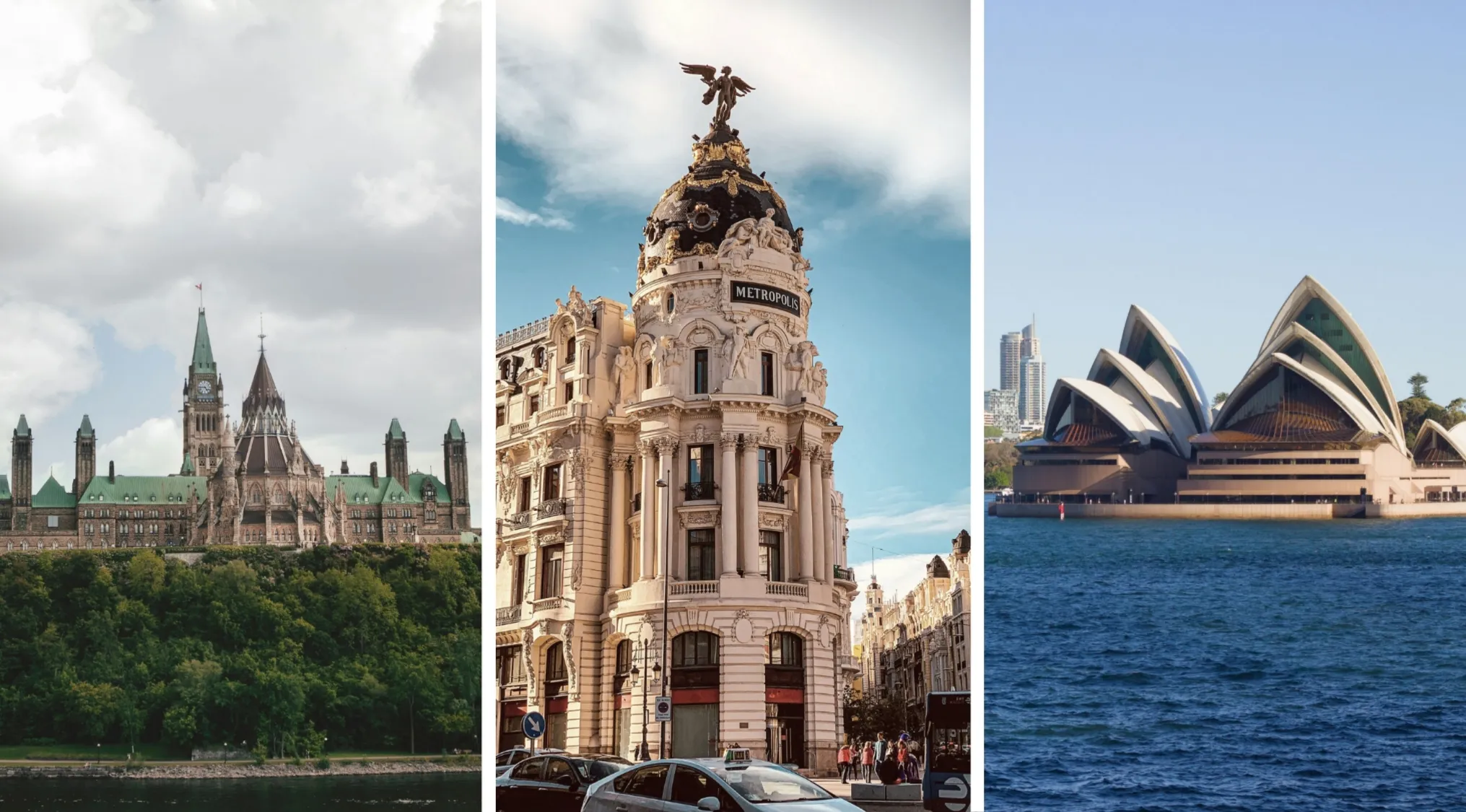 Three famous buildings from different cities showcasing architecture for two truths and a lie claims game.