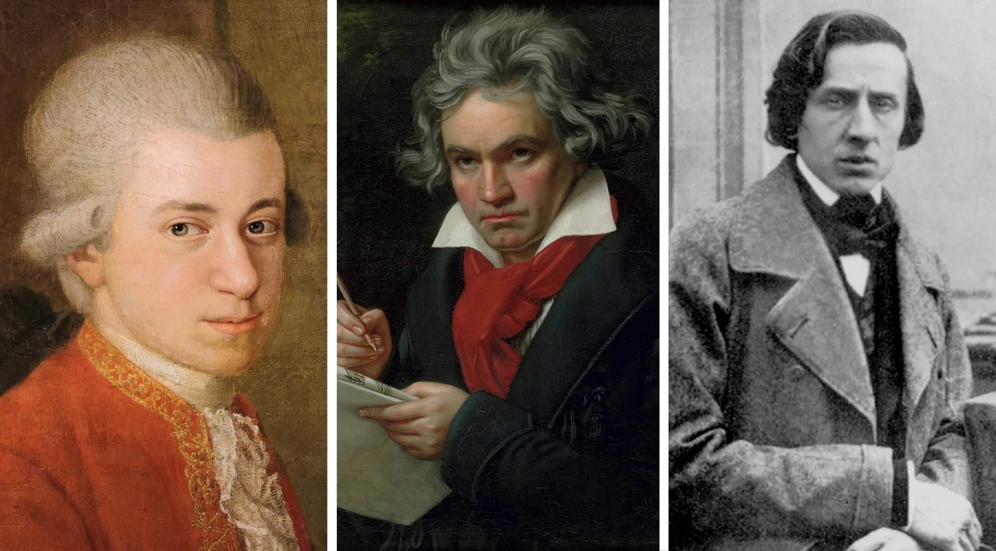 Portraits of three classical composers used in a two truths and a lie game to sniff out the lie challenge.