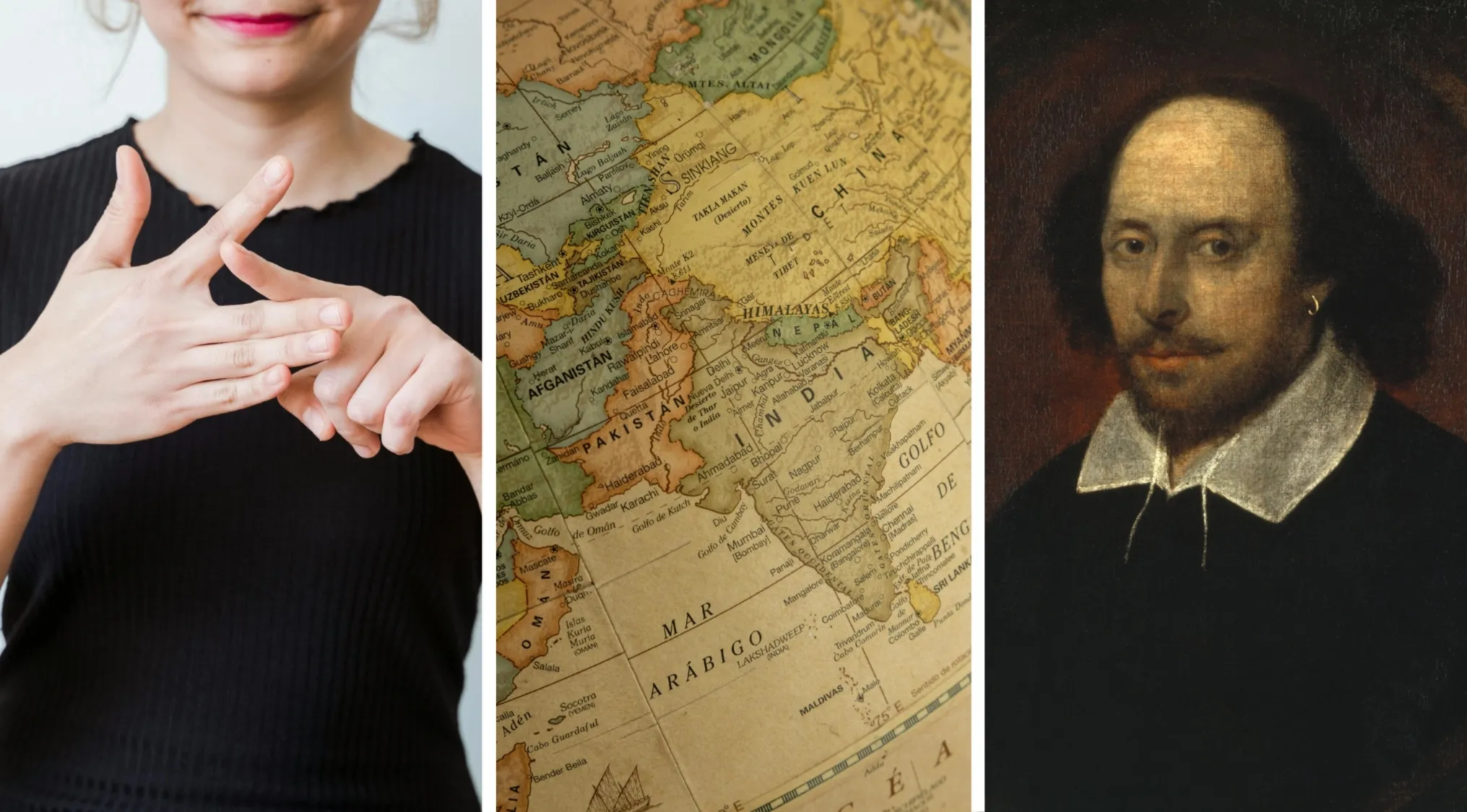 Woman showing gestures, vintage map of Asia, and classic portrait painting related to two truths and a lie game concept