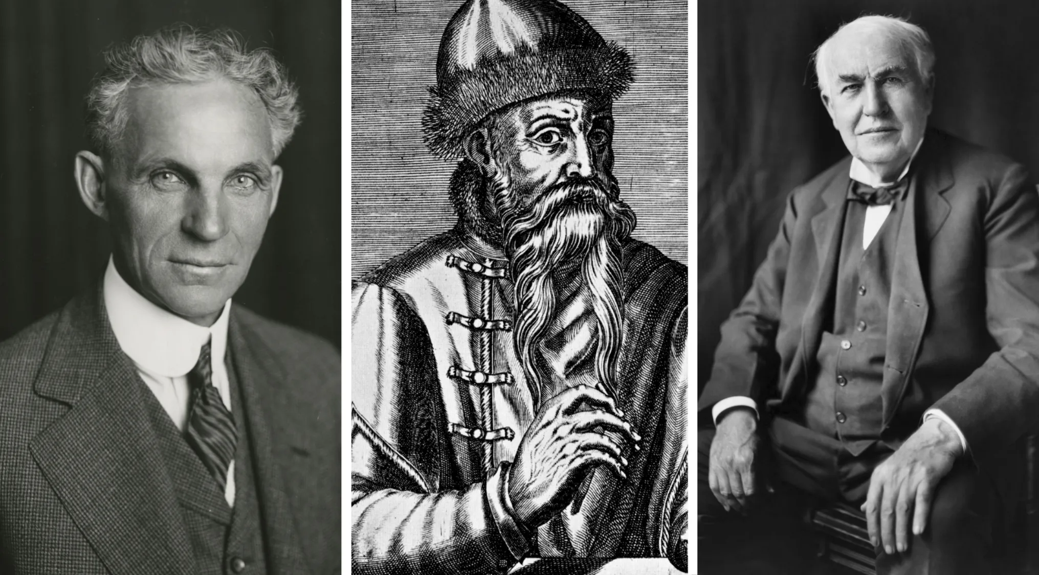 Black and white portraits of three men in a two truths and a lie challenge finding the untrue statement.