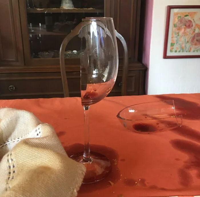 My Aunt Spilled The Wine, And The Glass Broke Exactly In Half