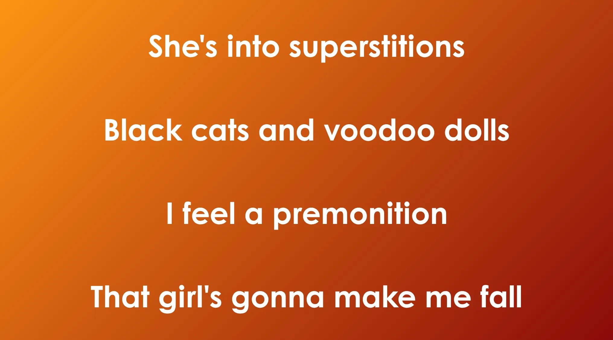 Opening lyrics of 80s and 90s songs displayed on an orange gradient background in bold white font.
