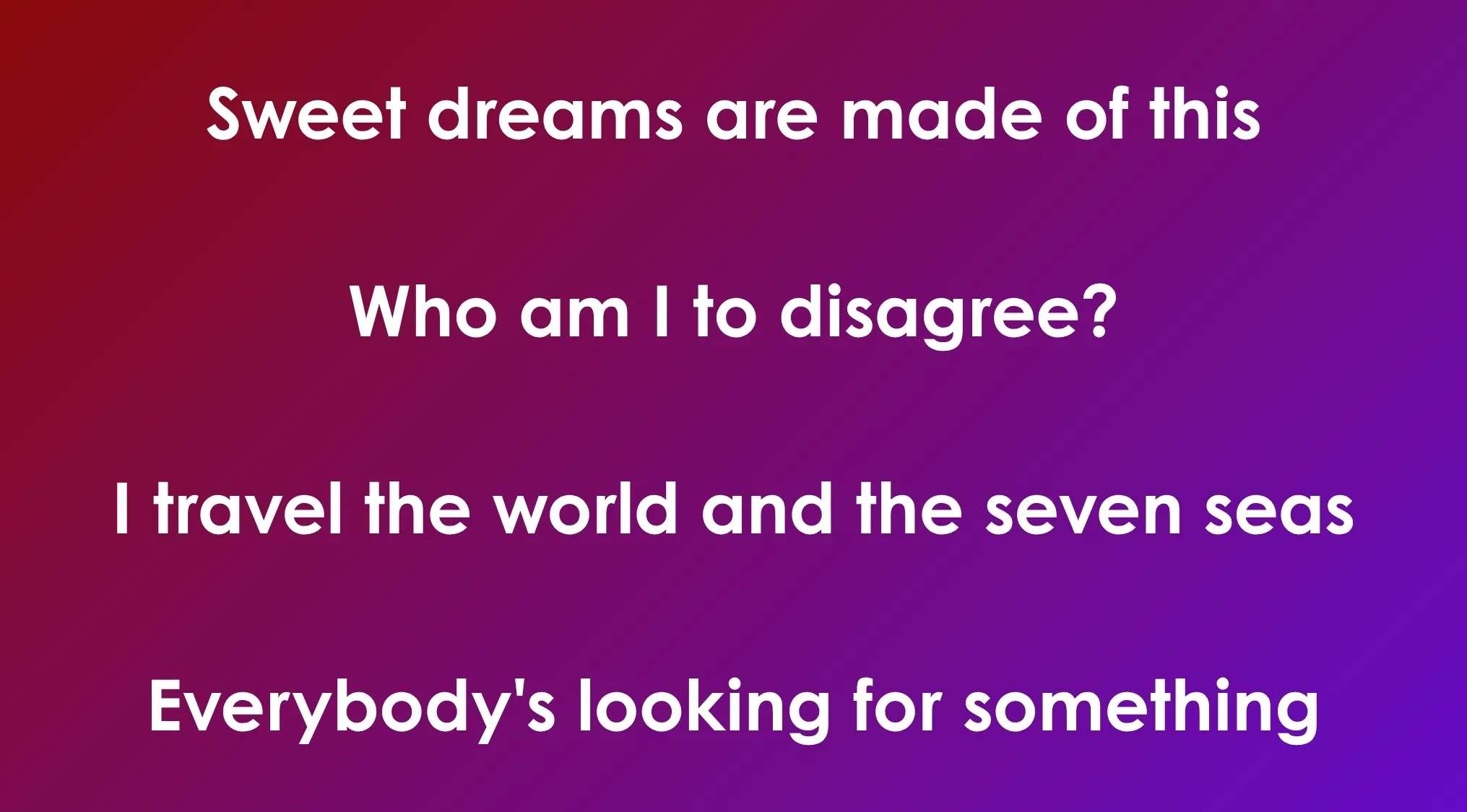 Opening lyrics of 80s and 90s songs displayed on a purple red gradient background for music duo guessing game.