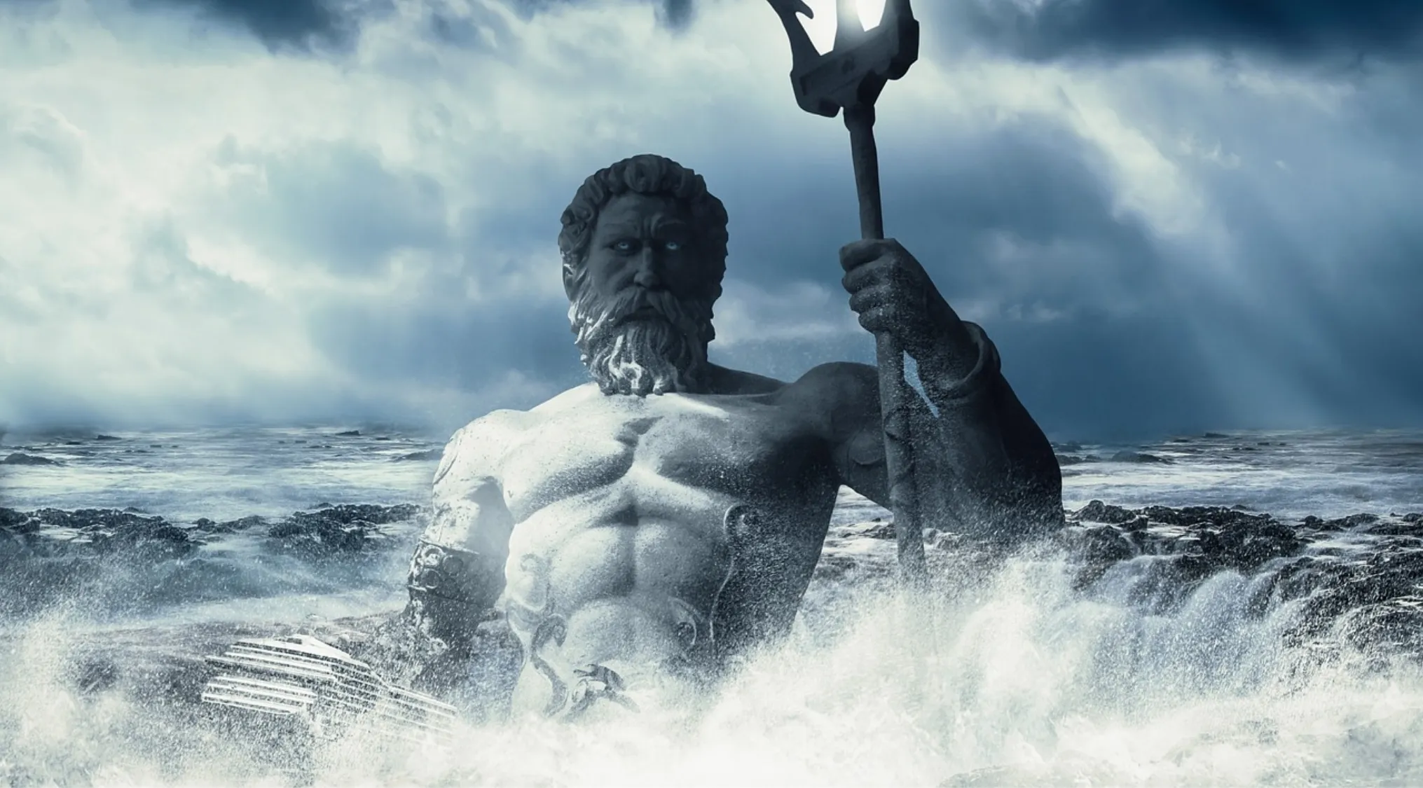 Statue of Greek mythology god of the sea holding a trident rising from stormy ocean waves under dark clouds.