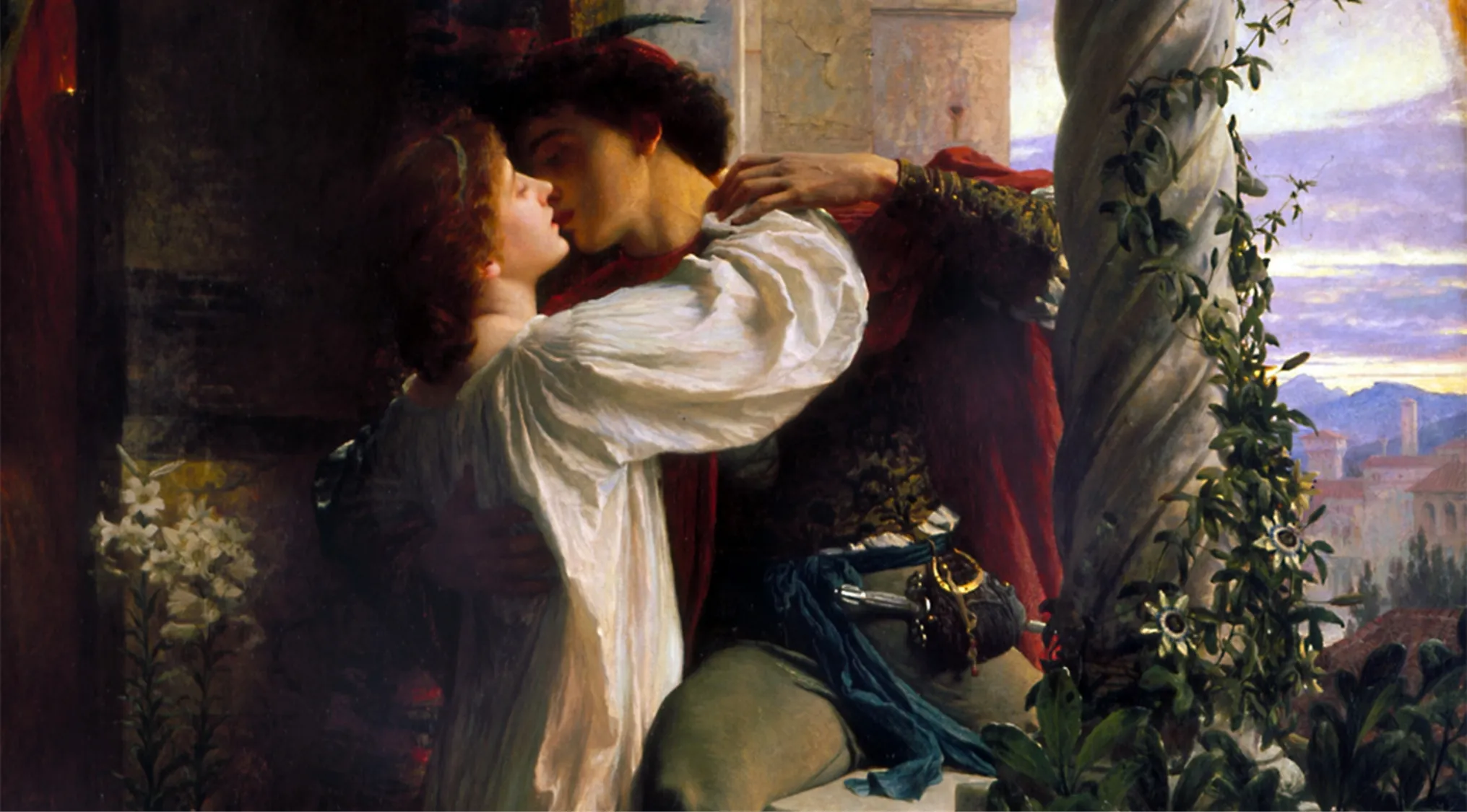 Romantic scene from Romeo and Juliet, classic literature by Shakespeare, depicting a passionate embrace on a balcony.