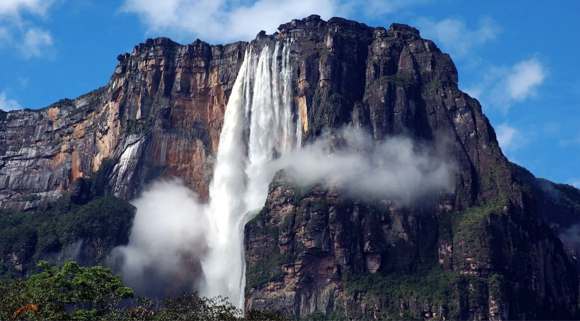 Angel Falls waterfall in Venezuela, the world's highest uninterrupted waterfall flowing down a rocky cliff.