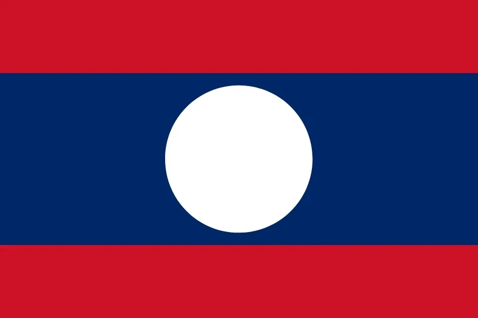 Flag of Laos with red and blue horizontal stripes and a white circle in the center representing the country formerly known as Siam