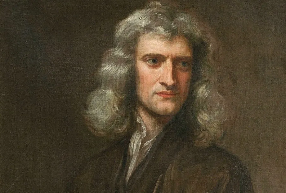 Portrait of Isaac Newton, the scientist known for the law of gravity, wearing period clothing with long hair.