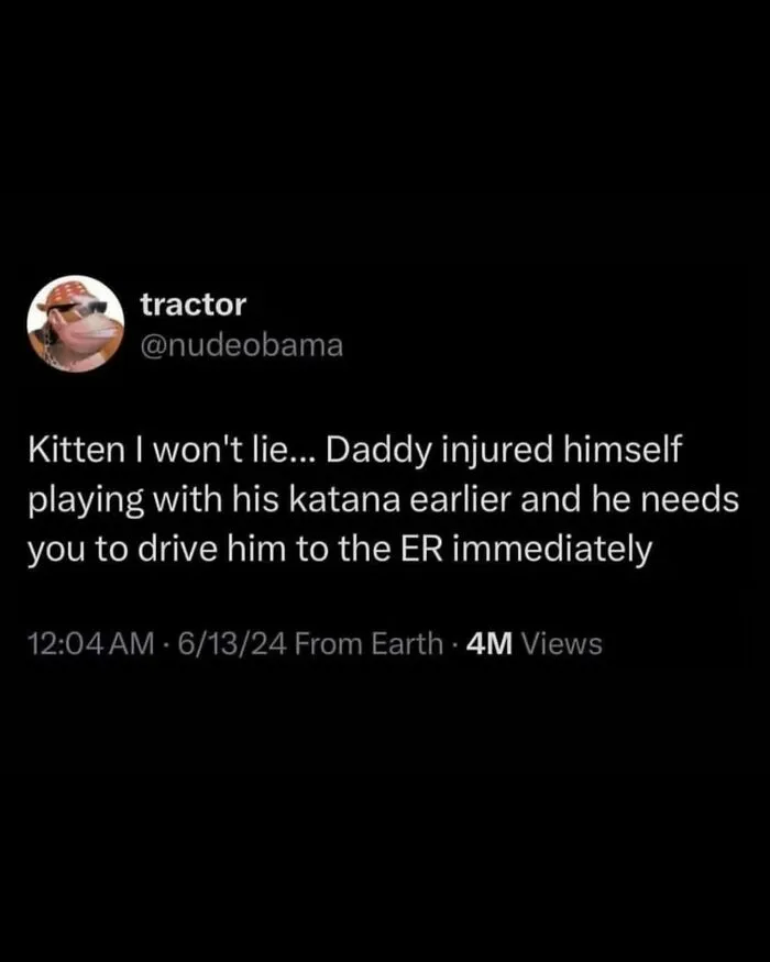 Screenshot of a wild social media post about an injury from playing with a katana, fitting unhinged and wild posts theme.