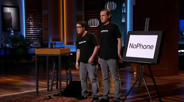 The NoPhone was a rectangular piece of plastic pitched by Van Gould and Chris Sheldon. It was designed to look and feel like a smartphone, but act as a "cure for phone addiction." It functions as a technology-free placebo for people who feel the need to hold a device at all times. The Sharks were not interested.