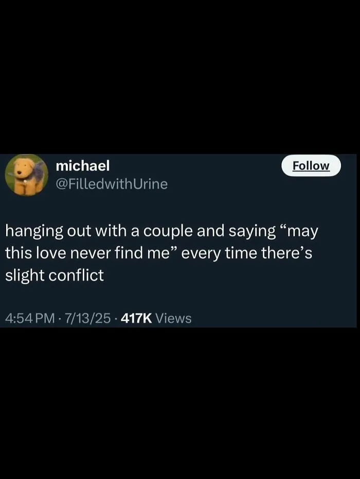 Tweet humor about awkward moments hanging out with couples, fitting the unhinged and wild posts keyword theme.