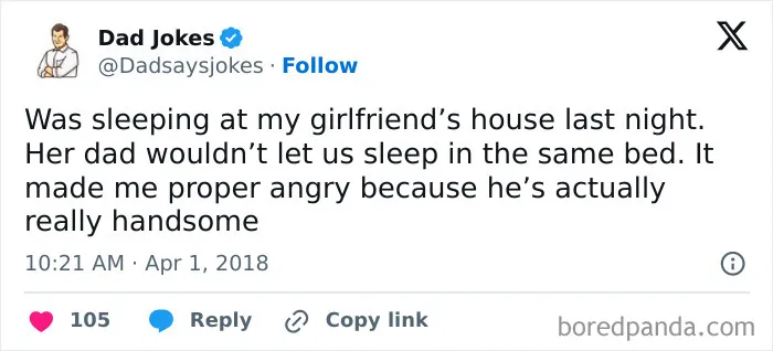 Tweet from Dad Jokes with a seemingly innocent post that hits unexpectedly in the second half, showcasing humor and surprise.