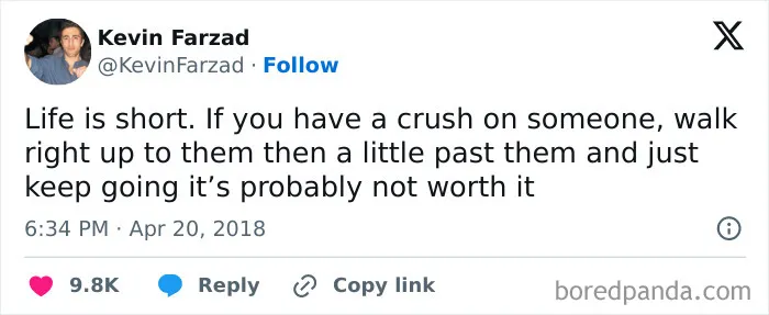 Tweet about life and crushes, exemplifying seemingly innocent posts that hit with a crazy second half humorously.