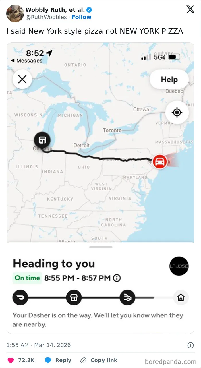 Map showing a delivery route from Chicago to New York with humorous tweet about US locations and funny tweets.