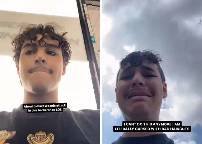 Two young men showing reactions of distress after bad haircuts done by hairdressers, illustrating traumatic hair experiences.