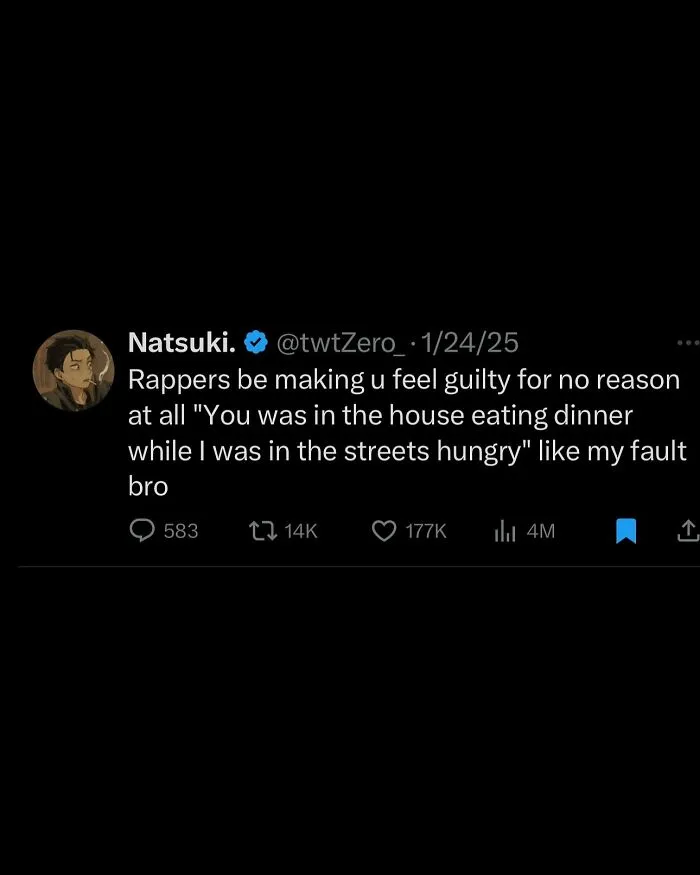 Tweet text about rappers making people feel guilty with a wild and unhinged tone, part of unhinged and wild posts.
