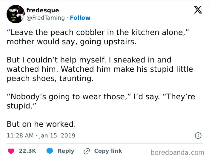 Tweet about seemingly innocent posts with surprising second halves, describing a story about peach shoes and persistence.