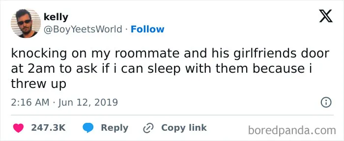 A wild and unhinged tweet about awkwardly asking to sleep with a roommate and his girlfriend after throwing up.