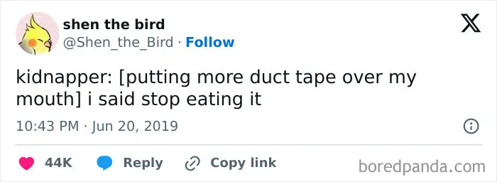 Tweet from Shen the Bird humorously describing a kidnapper gagging themselves with duct tape, an unhinged and wild post.