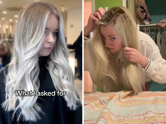 Side-by-side comparison of hair transformation showing expected hairstyle versus hairdresser mishap locking disappointment.