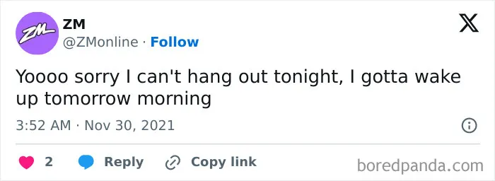 Screenshot of a wild social media post apologizing for not hanging out tonight, illustrating unhinged and wild posts online.