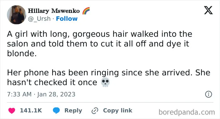 Tweet about a girl who cut her long hair and ignored her ringing phone, featured in funny US tweets collection.