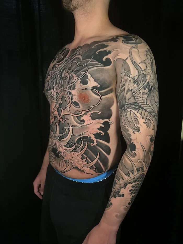 Japanese Dragon & Waves (Chest-To-Sleeve Flow)