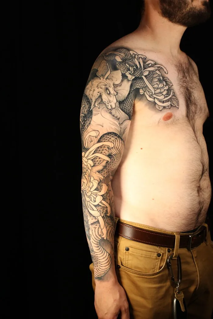 Serpent, Rats & Chrysanthemum Japanese Sleeve