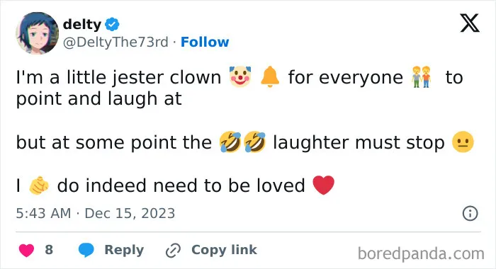 Tweet from user delty with emojis about feeling like a jester clown and needing to be loved, reflecting wild and unhinged posts.