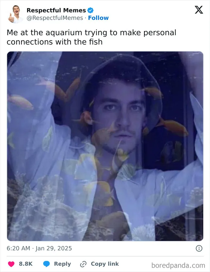 Man at aquarium with fish swimming around, illustrating unhinged and wild posts that make you think wait what moments.