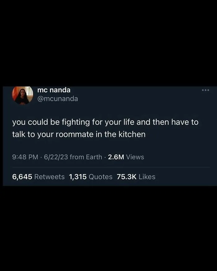 Tweet from mc nanda about unhinged and wild posts describing awkward moments with roommates in the kitchen.
